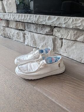Hey Dude Women's Cream Slip-On Sneakers with Blue Patterned Lining